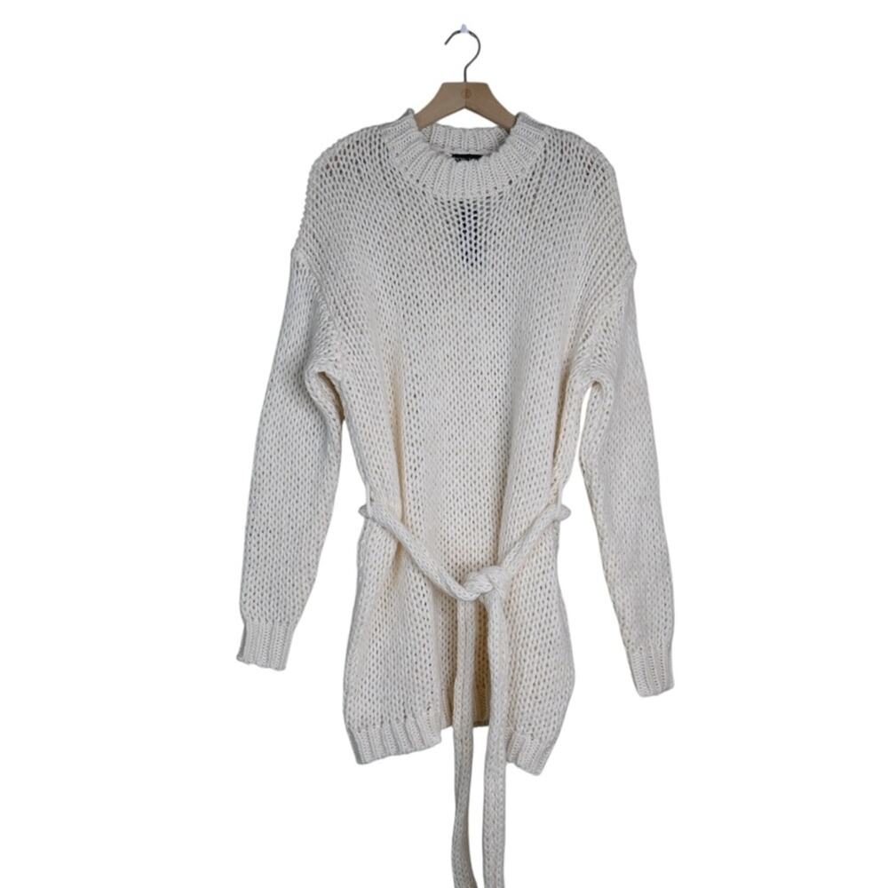Pretty Little Thing Women's S Loosely Woven Belted Cream Sweater Oversized NEW